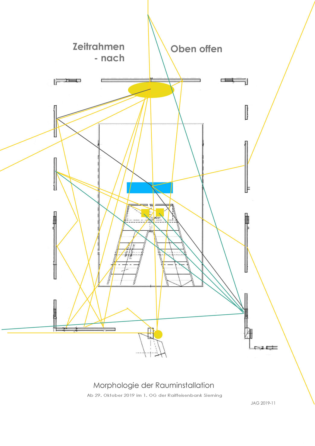 "Zeitrahmen nach Oben offen" Rauminstallation Morphologie - Raiffeisenbank Sierning
